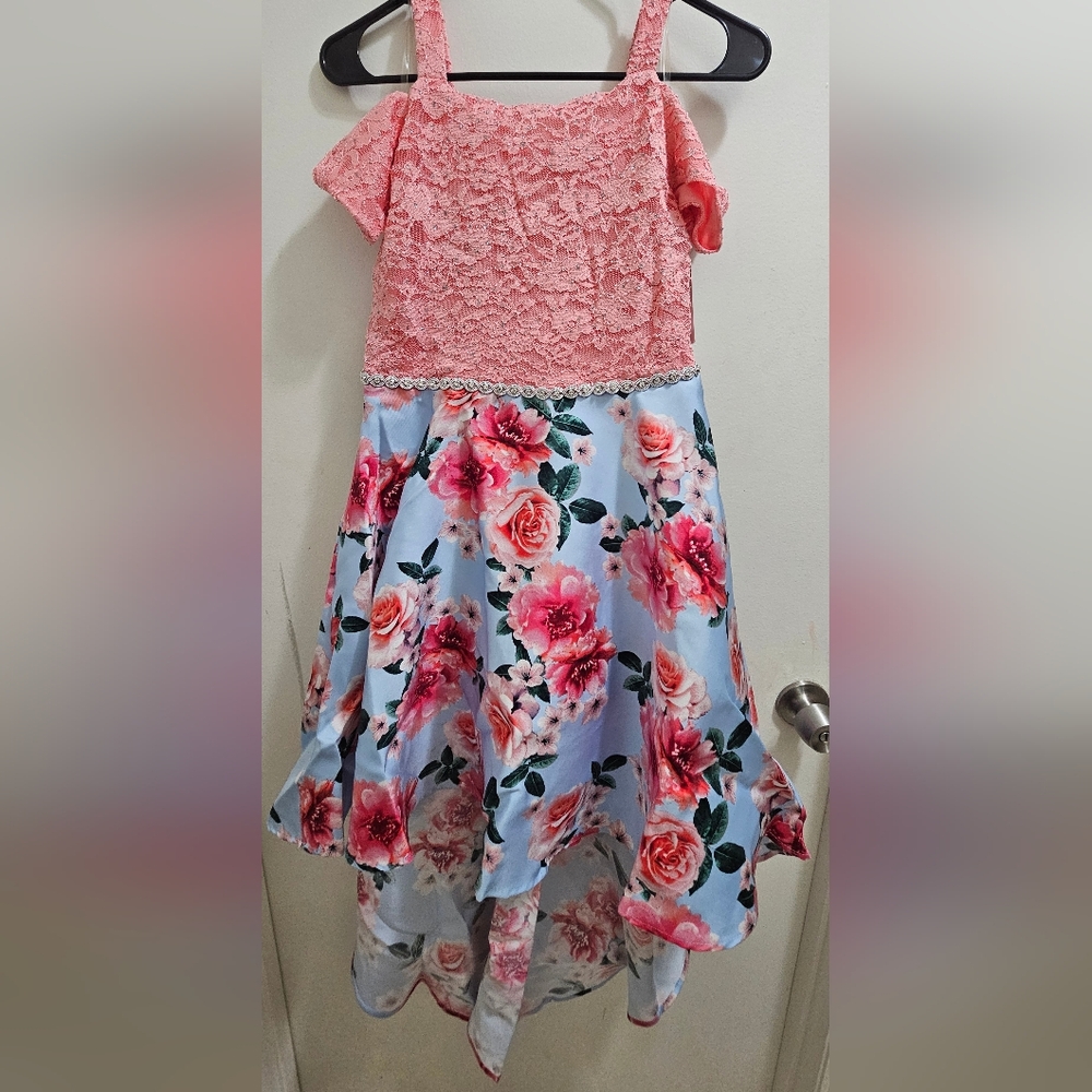 Speechless Coral Lace Bodice with Sky Floral Skirt Dress